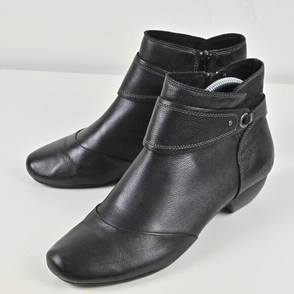 Taos Handmade Leather Side Zip Buckle Strap Heeled Black Ankle Booties US8 EU39 - Picture 1 of 16